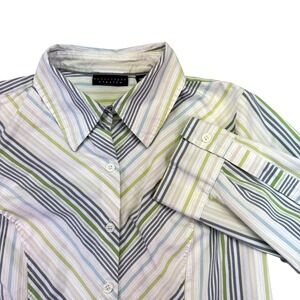 Apostrophe Stretch Women's Striped Button Down Shirt Medium Green Blue White